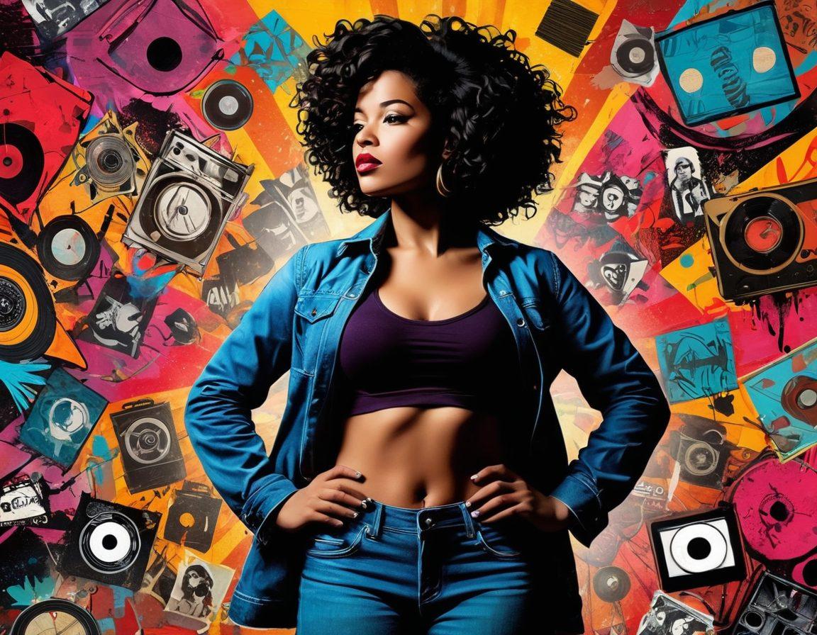 A powerful silhouette of a spunky woman standing confidently with hands on her hips, surrounded by iconic pop culture symbols like microphones, film reels, and comic book panels, all pulsating with vibrant colors. Her hair flows dramatically, representing strength and rebellion. The background features bold geometric patterns that echo her dynamic personality. Art style: collage with a mix of graffiti and digital art aesthetics.