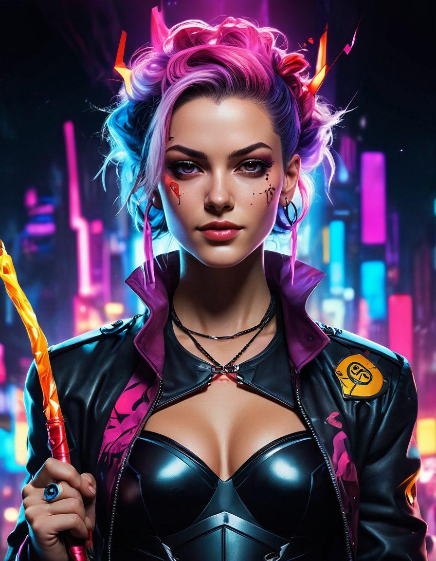 A powerful female antagonist stands confidently with a sly smile, surrounded by a chaotic blend of vibrant colours and swirling elements that symbolize her fierce personality. She is adorned in stylish, edgy fashion, holding a scepter made of shattered hearts, while mean girls in the background share playful glances, embodying camaraderie. The scene radiates an empowering, dynamic energy, reflecting the joy and strength of these characters. cyberpunk. vibrant colors. cinematic lighting.